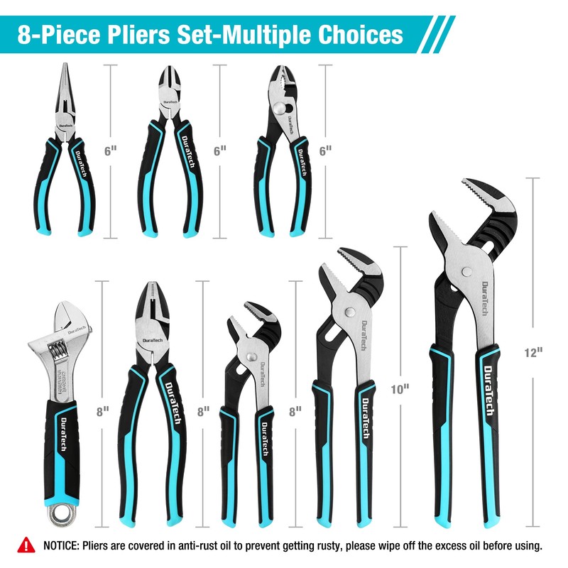 DURATECH 8-Piece Pliers Set with Rolling Pouch, Premium Cr-V/Cr-Ni Construction,
