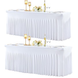 2 Pack Spandex White Fitted Table Cloth for 6ft Rectangle Tables White Stretch Tablecloth Table Covers Banquet Table Clothes Wrinkle Free Table Skirt for Parties Wedding