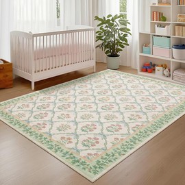 ROYHOME 8x10 Rugs for Living Room, Washable Area Rug for Bedroom Girl with Coquette Bow Floral Pattern Non Slip Low-Pile Stain Resistant Large Throw Carpet for Dining Room Dorm Nursery, Light Green