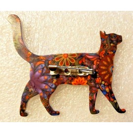 Cat Kitten Walking Rust Tones Multicolor Flower Acrylic Pin Brooch Jewelry