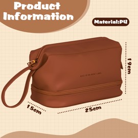 JZS Large Capacity Makeup Bag Ladies Cosmetic Bag Travel Bag with Compartments Portable PU Leather Travel Makeup Bag with Handle Brown