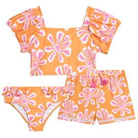 Jessica Simpson Toddler Girls Swimsuit Set - 3 Piece Puff Sleeve Swim Top, Bikini Bottoms and Swim Shorts for Girls (2T-6X), Size 5, Orange