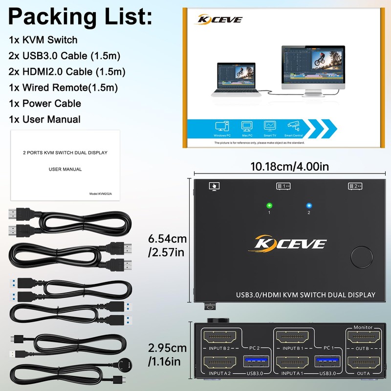 HDMI KVM Switch 2 Monitors 2 Computers 4K@60Hz, Camgeet USB3.0