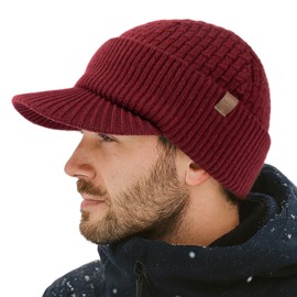 TOP-EX PolarWool™ XL/XXL 100% Merino Wool Peaked Beanie Hat Men Large Head with Fleece Lined, Winter Warm Golf Visor Beanie Hat Windproof for Golf Outdoor Work, Burgundy