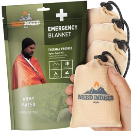 NEEDINDEED 4-Pack Emergency Space Blankets, 83x52 inches, Silver, Polyester, High Thermal Performance, Water Resistant, Compact, Unisex, All Seasons, Survival, Car, Reflective Material, Lightweight