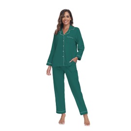 COLORFULLEAF Women's 100% Cotton Pajamas Set Long Sleeve Sleepwear Notched Collar Loungewear Button Down PJs (Green, S)