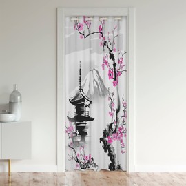 Japanese Door Curtain for Doorway Privacy, Japan Fuji Mountain Closet Door Cover Curtain for Bedroom Living Room, Sakura Floral Insulated Thermal Curtain, Room Divider Curtain Cover 34x80 Inch 1 Panel