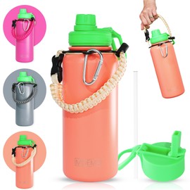 32oz Insulated Water Bottle with Paracord Handle and Straw, Stainless Steel Cup with 2 Lids & Straw, BPA-Free, Thermo Bottle Double Wall Vacuum Insulation, for Gym, Sports (Coral Orange)