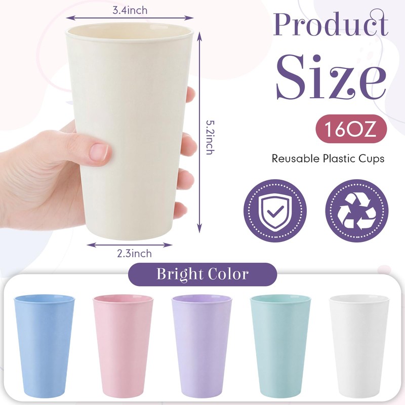 Yungyan 50 Pcs Unbreakable Plastic Cups 16oz Thickened Reusable Plastic