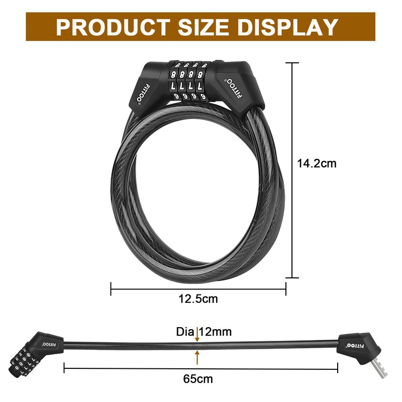 2 X FITTOO Cable Lock 65CM, Bike Bicycle Lock, Combination