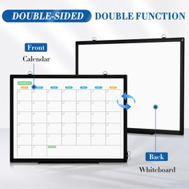 WALGLASS Dry Erase Calendar Whiteboard for Wall, 36" x 24" Double-Sided Monthly Calendar White Board with Black Aluminum Frame, Hanging or Wall Mount Calendar Whiteboard for Home, Office, School