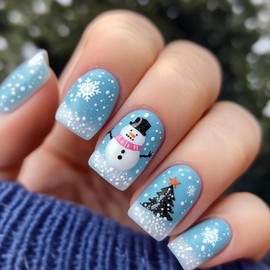 24Pcs Christmas Press on Nails Short Square QUNQINLI Blue Fake Nails with Christmas Tree Snowman Design Snowflake False Nails Full Cover Glossy Glue on Nails Acrylic Nail Kit for Women
