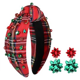 Christmas Headbands for Women Xmas Bow Tree Snowflake Headbands Jeweled Crystal Pearl Knotted Headband Holiday Hair Accessories Party Gifts (Plaid)