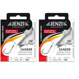Set of 2 packs of Jenzi tied zander hooks (10 pieces) on braided cord, 80 cm zander leader mounted hook size, 1, 1/0, 2, or 4 + free Petri Heill! sticker (hook size 1)