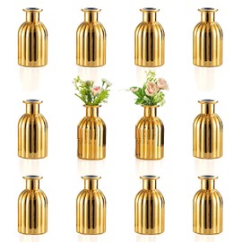 NUPTIO Pequeños jarrones de cristal para flores: juego de 12 jarrones de cristal dorados vintage mini floreros de mesa para boda, Navidad, cumpleaños, fiestas, centros de mesa para el hogar, sala de