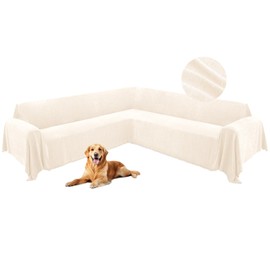 HDCAXKJ Corner Sectional Couch Covers for Dogs L Shape Sofa Cover with Tassel Chenille Soft Non Slip U Shaped Couch Cover Blanket Washable Sectional Slipcover Protector (Cream White, 91x276 inch)