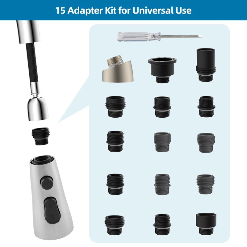 Stainless Faucet Head Replacement with 15 Adapters Compatible with Moen/Delta/Kohler