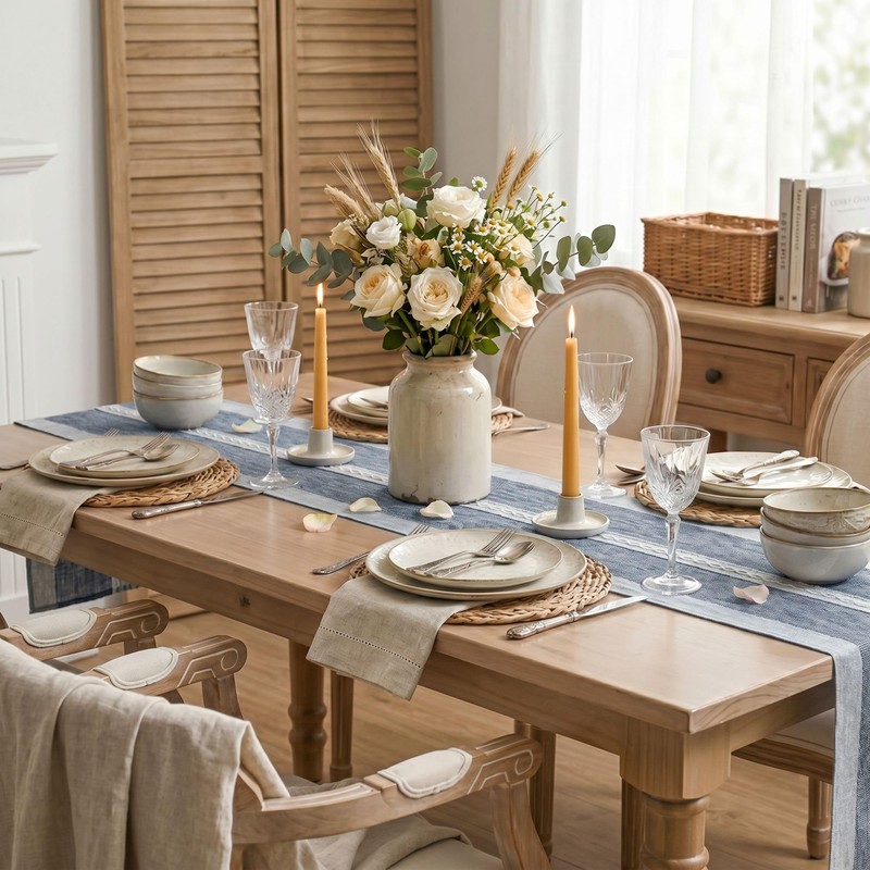 Blue Braided Striped Rustic Chenille Table Runner, Seasonal Embroidered Kitchen