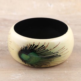 NOVICA Handcrafted Haldu Wood Peacock Feather Motif Bangle Bracelet Brown Or Gold India Animal Themed Painted Peacockbird [7.75 in Inner Circ. x 1.6 in W] 'Feather Glory'