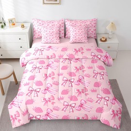 Cute Bowknot 7 Pieces Bedding Set Full,Cartoon Princess Style Crown Bow-tie Dreamy Pink Bed in a Bag for Young,Sweet Strawberry Tropical Fruits Comforter Set with Sheets,Pillow Covers