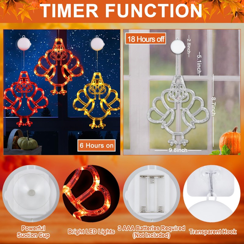 [Timer] 3 PCS Thanksgiving Turkey Fall Decorations Window Lights, Battery