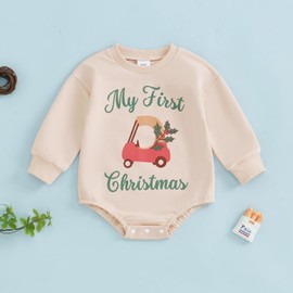 Zukmuk Newborn Baby Boys Girls Christmas Outfit Merry Mini Christmas Sweatshirt Romper In My Christmas Era Letter Embroidery Santa Crewneck Bubble Jumpsuit (Apricot Car, 0-3 Months)