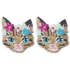 YYlingx 2 Pcs Cute Sequins Cat Embroidered Patches, Sew On Colorful Animal Shape Beaded Applique Patches for Clothes Jacket Handbag DIY Accessory