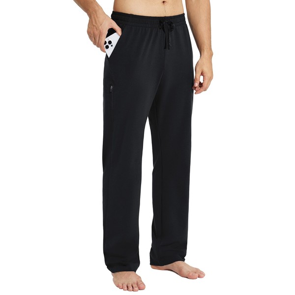 BALEAF Pantalon de jogging large en coton pour homme - Pantalon de loisirs - Jambe droite - Pantalon de sport pour homme - Pantalon de yoga - Pantalon de survêtement classique avec poches, Noir-1, XL