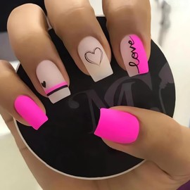 LPOODDNU Valentine’s Day Press on Nails Medium Square Fake Nails Pink Valentines Design Matte False Nails Black Love Heart Acrylic Nails Kit Full Cover Glue on Nails Cute Stick on Nails for Women