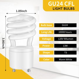 Kittmip 4 Pcs 13W T3 GU24 CFL LED Light Bulbs 2 Prong Base 3500K 900lm 120v 60Hz Warm White Fluorescent Light Spiral Compact Fluorescent Bulbs