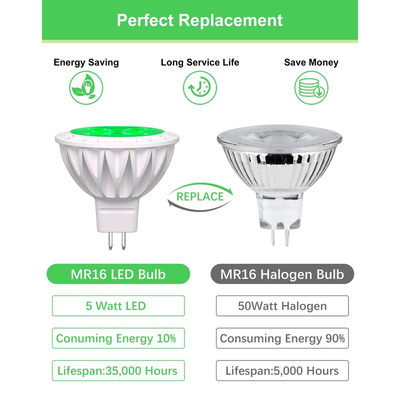 6-Pack MR16 Green LED Bulbs-Natural 5W 50W Halogen GU5.3 Base