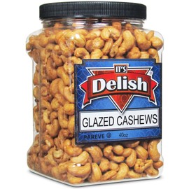 Gourmet Glazed Cashews by Its Delish, 30 Oz Jumbo Reusable Container (Jar) – Bulk Nuts, Vegan, Kosher, Non-GMO, No Artificial Flavors – Healthy Protein-Packed Lightly Sweetened Cashews Filberts for Dessert, Baking, Salad Topping & Snack Time