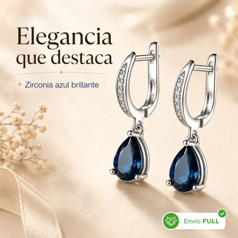 Aretes Plata 925 Mujer Gota Zirconia Azul Profundo Elegante