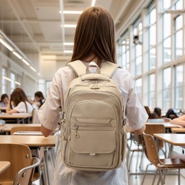 SUIKIHUM Aesthetic Daypack Backpack, Water-Resistant 15.6" Laptop Backpack for Women and Men, Featuring Touch-Fastener and Anti-Theft Pockets (Khaki)