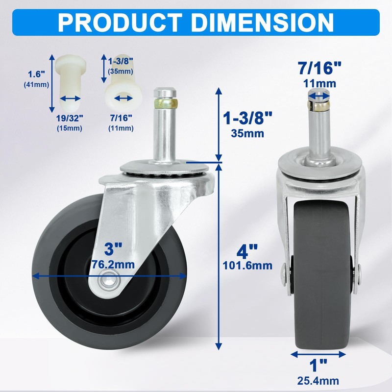 MySit 3 Inch Rubbermaid Cart Caster Replacement Wheels, Swivel Stem