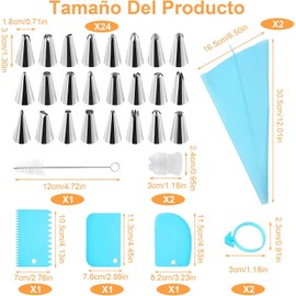 Kit de Repostería y Pastelería con Boquillas, 34 Piezas Incluye 24 boquillas de acero inoxidable, 2 mangas reutilizables azules, 3 espátulas, convertidores, anillos y cepillo