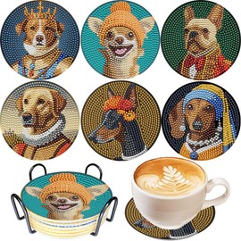 6 Pcs Dogs Diamond Paintings Coasters with Holder for Adults Beginners, Round Full Drill Diamond Art Craft Supplies(Dogs QLBD-09)
