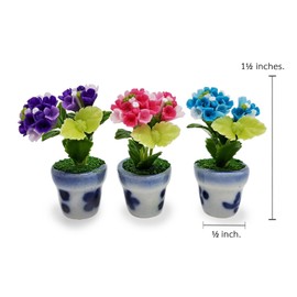 WitnyStore Tiny 1½" High 3 Pieces Set Purple Pink Blue Hydrangea Hand Made Artificial Flowers Realistic Colorful Miniature Modelling Clay Flower Pots Variety of House Plant Species Home Decoration