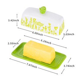 HAN SHENG Ceramic Butter Dish with Lid - Airtight Butter Keeper, Floral Design with Rose Handle, Kitchen Decor Countertop Storage Container for East/West Coast & Large Sticks (Green)