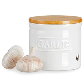 ONEMORE Garlic Keeper with Lid, Ceramic Garlic Saver 4 inch, White