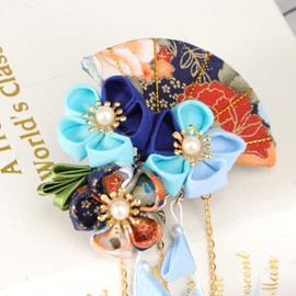 OSALADI Japanese Hair Clips Kimono Flower Hair Pins with Tassel Kimono Hair Accessories Kanzashi Hair Ornament for Women (Blue)