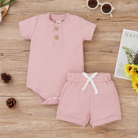 Infant Newborn Baby Girl Boy Unisex Outfit Waffle Button Down Solid Color Romper Tops+Lace Up Shorts Clothes Set (Pink,6-9M)