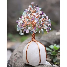 Crocon Fluorite Gemstone Money Tree with Clear Quartz Rough Wire Wrapped Base | Feng Shui Bonsai | Ornament Figurine | Chakra Balancing | Reiki Crystal Healing | Spiritual | Decor