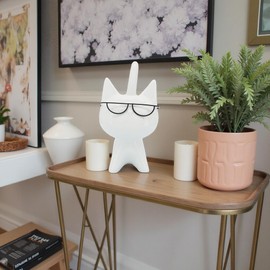 Sagebrook Home White Cat Figurine with Glasses - Modern Porcelain & Stoneware Decorative Sculpture for Home, Office, Bedroom, Living Room - Elegant Animal Statue Home Decor Accent - 8" White
