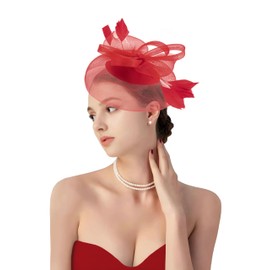 dressfan Church Derby Fascinator Hats for Women,20s 50s Vintage Feather Headband Hair Accessories Headwear for Derby/Wedding/Cocktail/Tea Party,00815-Red