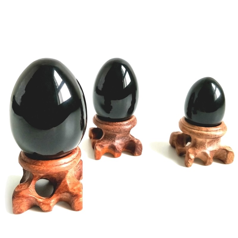 Black Obsidian Gemstone Egg Sphere with Wooden Stand for Healing