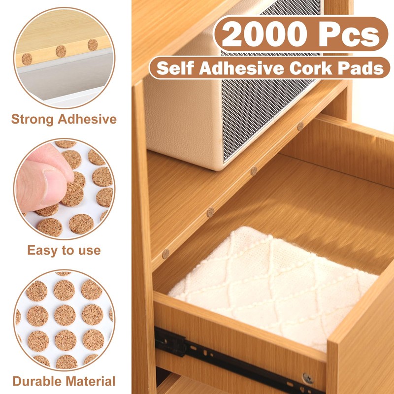 2000 Pcs 3/8 Inch Self Adhesive Cork Pads Cabinet Door