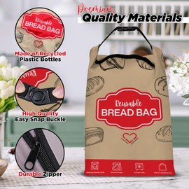 Eco-Friendly Bread Bag – Reusable RPET Fabric Storage Made from Recycled Plastic Bottles, Double-Layer Insulation, Durable Zipper Keeps Homemade & Store-Bought Bread Fresh – Machine Washable (Red)