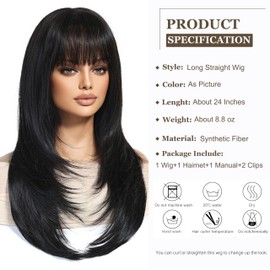 Esmee Long Straight Black Brown Wigs for Women with Fringe Natural Synthetic Hair Wig for Daily & Party Use