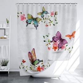 LIVETTY Shower Curtains White Shower Curtain Butterfly Shower Curtains 180x200 cm With 12 Hooks Washable Quick-Drying Curtains